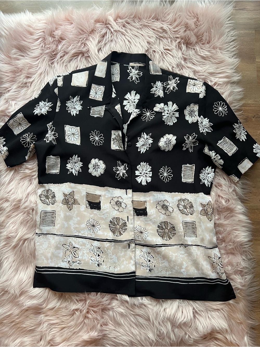 Vintage Black & Cream Floral Button-Up Shirt